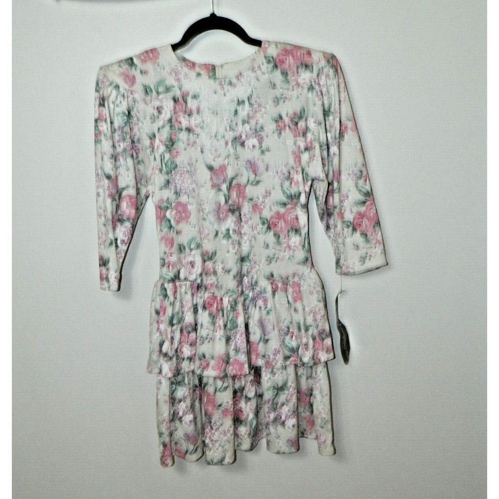 Champagne West Dress Size 3/4 Vintage 80s ‎ Ivory Pink Floral Tier Skater Mini